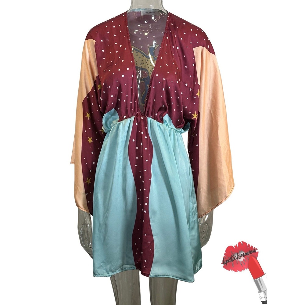 Celia Dragouni Dress Abstract Kimono Multicolor Plunge Neck FLAWED No Size Boho‎